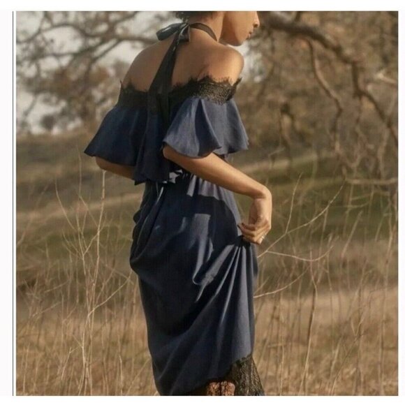 Alice + Olivia Navy Mitsy Lace Trim Maxi Dress Women’s 4 READ - Picture 2 of 12